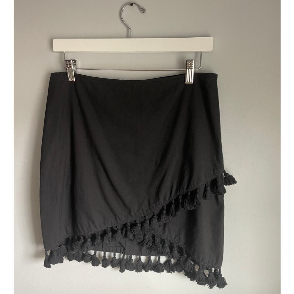 Black Mini Skirt Festival pom poms fringe trim Large 100% Cotton Going out